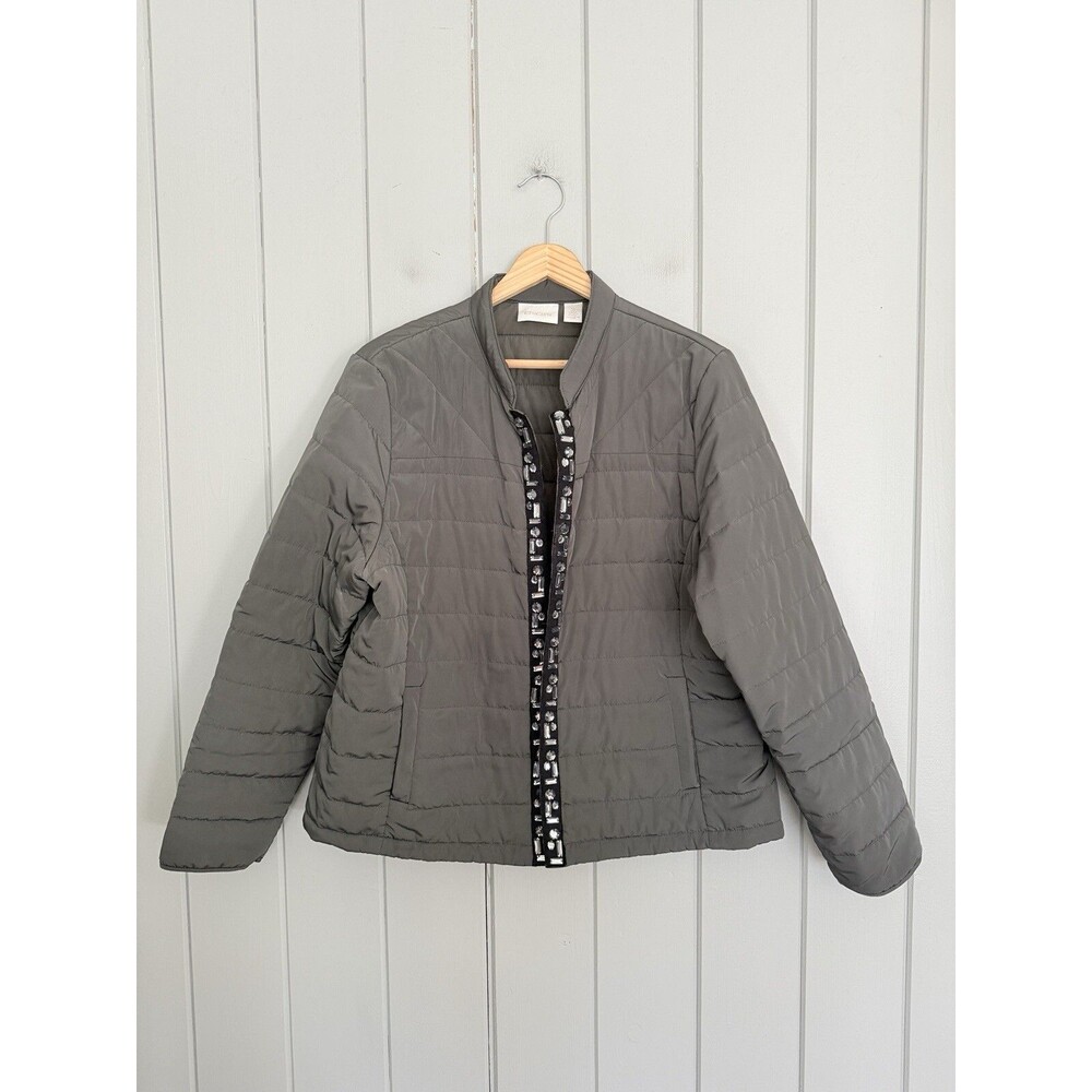 Chico's Puffer Jacket 2 L Large Green Long Sleeve Crystal Rhinestone Open Front